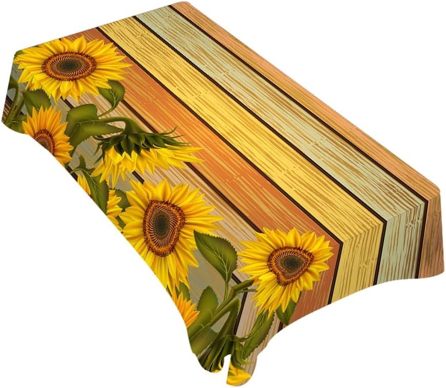 TKS MITLAN Tablecloth Sunflower Table Cloth Rectangle Table 60 x 84 Inch Retro Sunflowers on Wooden Board Kitchen Decorations for Home Dinner Party