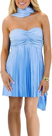 Women Twist Knot Tube Dress Solid Strapless Mini Babydoll Sunress Backless Flowy Ruffled A Line Bandeau Dresses