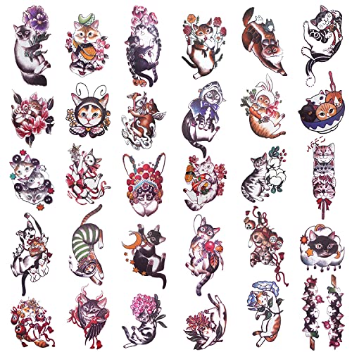 Oottati 30 Sheets Hand Arm Clavicle Temporary Tattoo Stickers Cute Japanese Style Cat for Men Women Teens