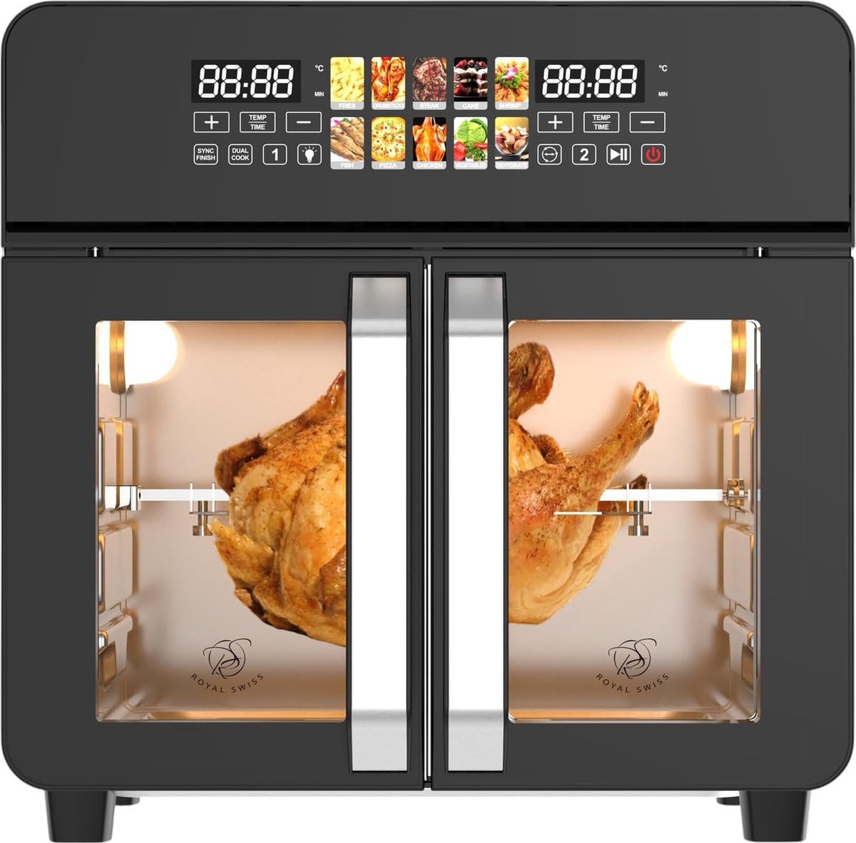 Royal Swiss - Horno eléctrico de aire, aire Fryer XXL de 23 litros, gran capacidad, pantalla LED, 1800 W, aspersión, doble puerta, temporizador y regulador de temperatura, accesorios incluidos