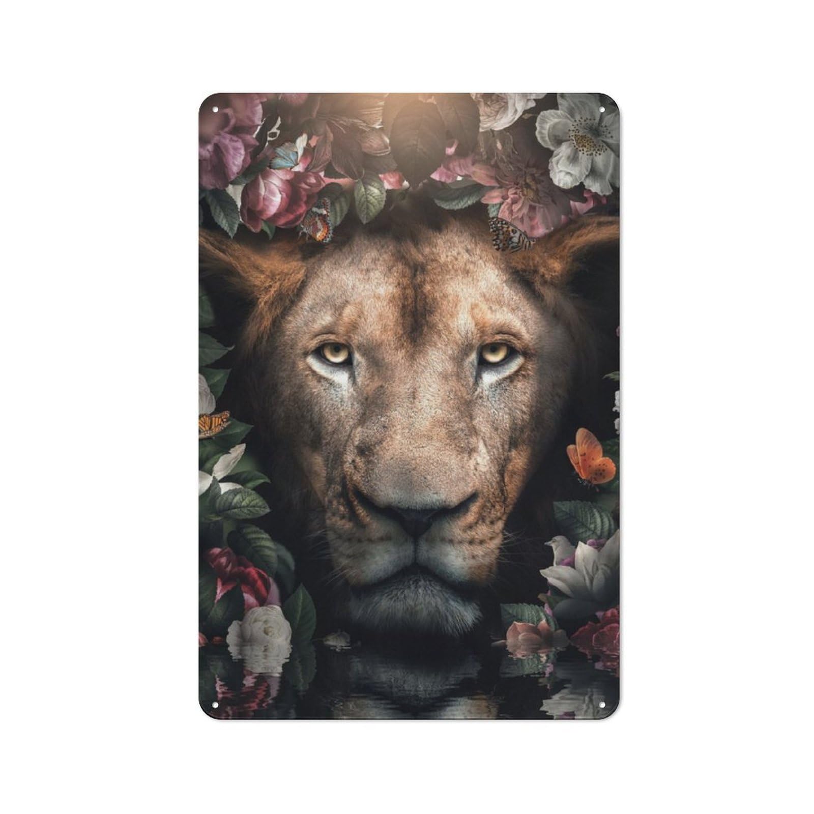 Junmoney Flowered Lion Rustic Tin Sign 30X20cm For Pub Or Café, For Collectors Building A Themed Wall Display