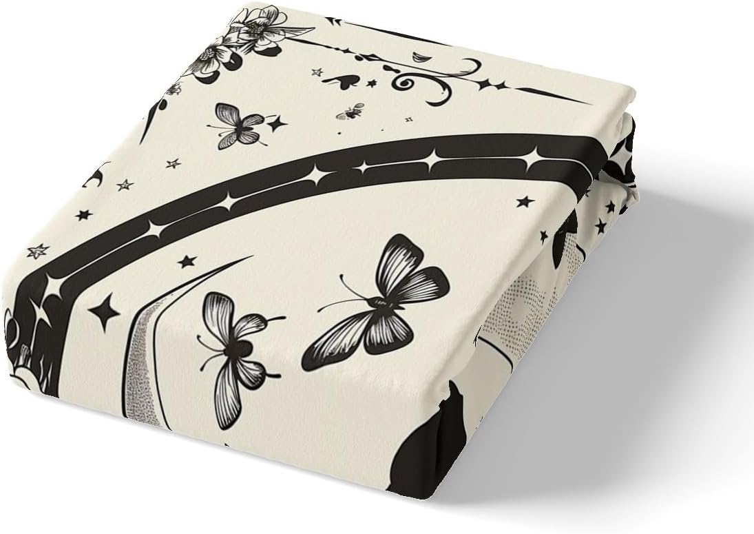 Black Cat Duvet Cover Set Toddler Size,Starry Sky Sketch Flowers Butterfly Bedding Set,Boys Girls Room Decor,Cartoon Cute Animal Pet Rustic Comforter Cover,Beige Quilt Cover,1 Pillowcase(No Filler)