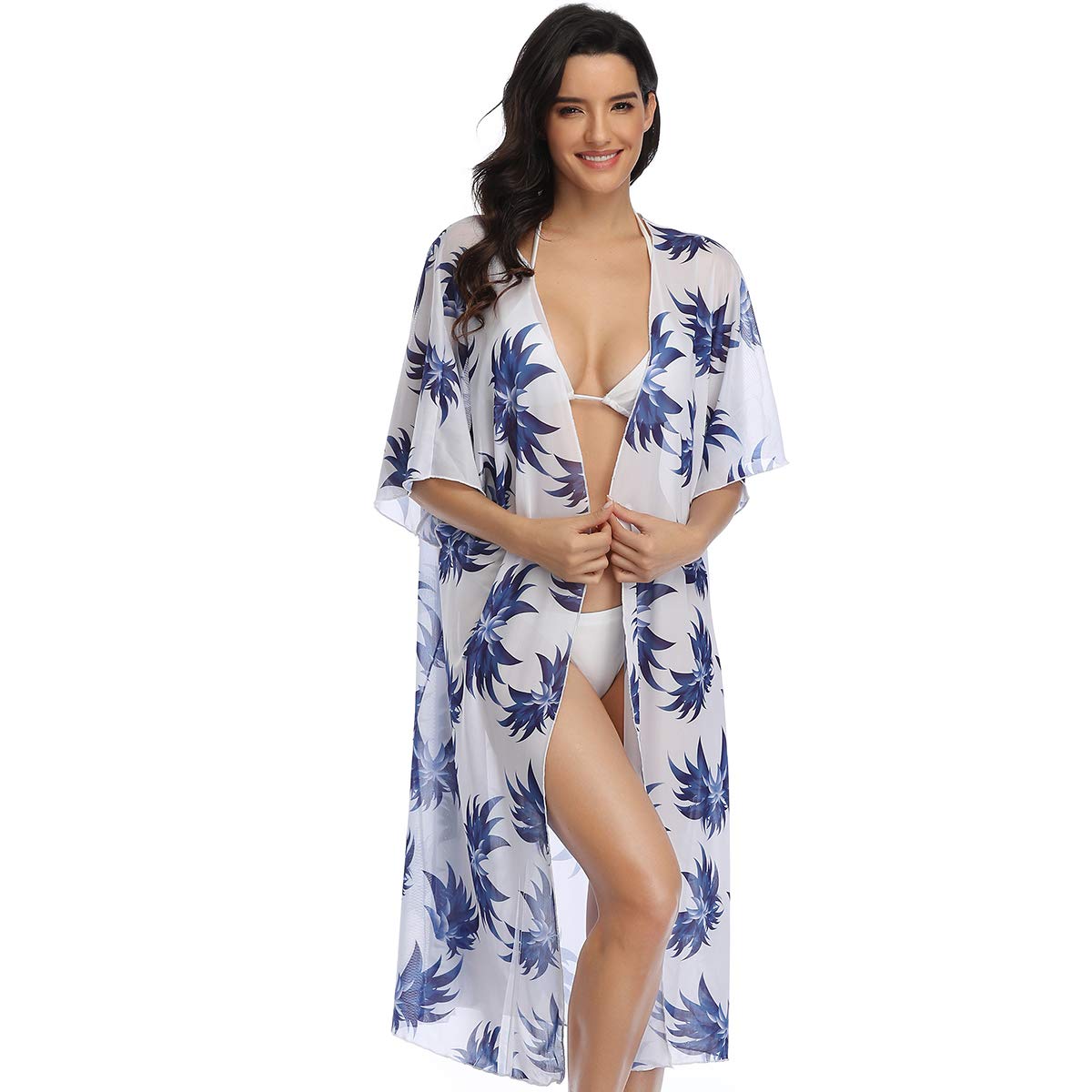 Women's Bathing Suit Cover Up Chiffon Swimsuit Bikini Beach Cover Ups for Swimwear Rayon Beach Blouses Kimono Cardigan Long Floral Print Beachwear