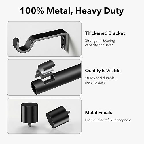 Miniatura 4 de Paquete de 2 Barras de Cortina Resistentes para Ventanas de 66 a 120 Pulgadas, Juego de Barras de Cortina Negras de 1 Pulgada Paquete de 2 para Negro