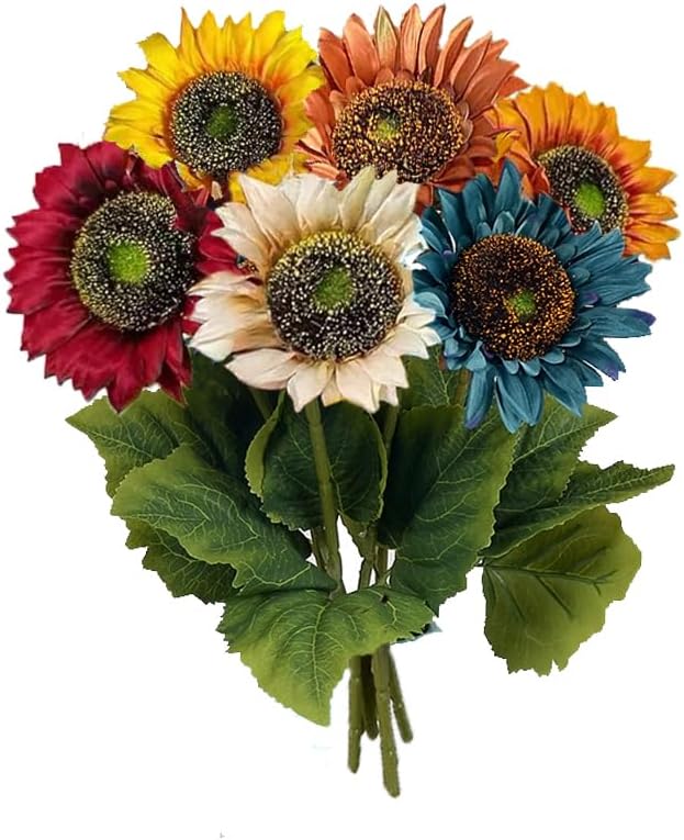 6pcs Artificial Sunflowers Six Colors Fake Sunflowers Bouquet Vintage Fake Silk Sunflowers Large Sunflowers Decor for Wedding Party Garden Home Hotel Office