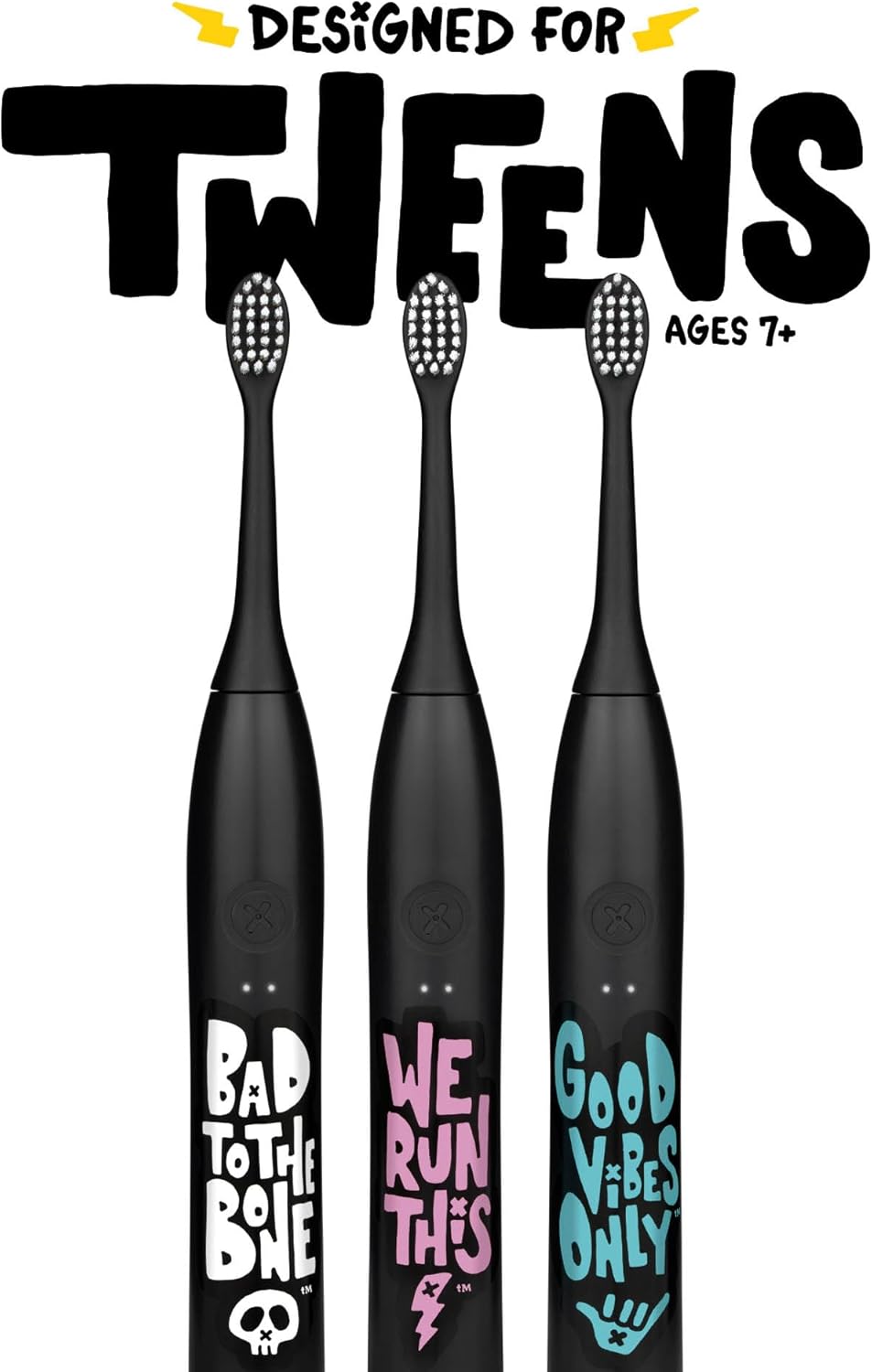 Made by Dentists Sonic X Electric Toothbrush – Rechargeable Kids Sonic Toothbrush, 8X Plaque Removal, 2 Speed Modes, 2-Minute Timer 6 Brush Heads Included, Tweens Ages 7+, Bad to The Bone Edition
