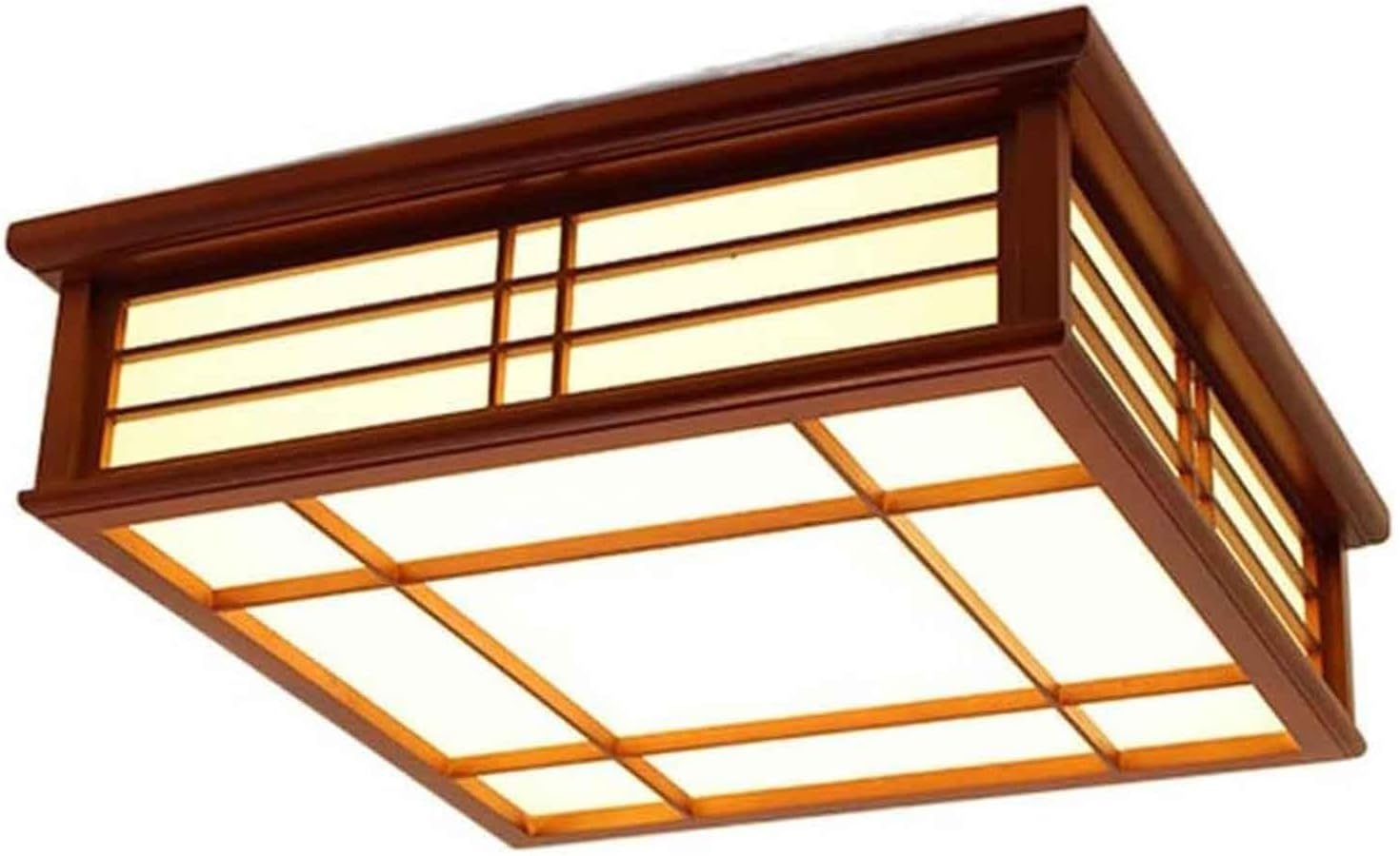 Drewniana lampa sufitowa LED, 30 W, ściemnialna, z pilotem – kwadratowa lampa w stylu japońskim do salonu i jadalni