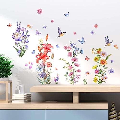 Miniatura 8 de Calcomanías de pared de plantas botánicas de rosas, 2 hojas de flores, mariposas, calcomanías de pared de PVC extraíbles para niñas, dormitorio,