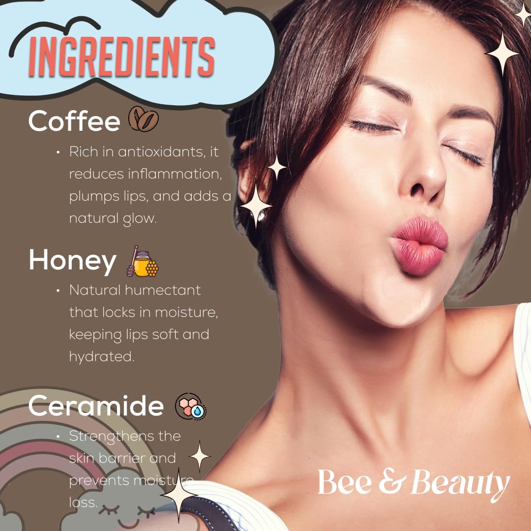 Bee & Beauty Moisturizing Lip Serum Roll On - 5ml | With Aromatic Coffee Infusion | Nourishes, Hydrates and Gently Exfoliates | For Men and Women | Natural Pink Lip Roll On For Daily Lip Care 1