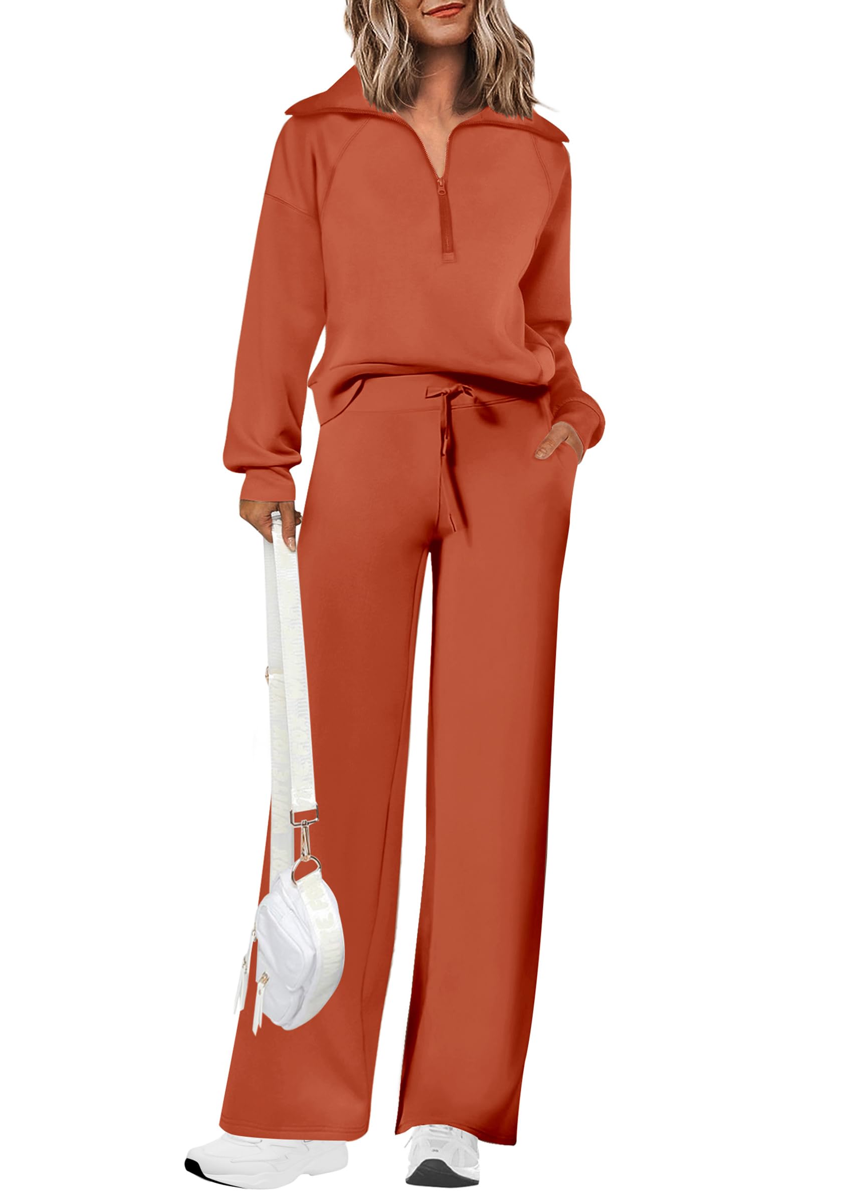 PRETTYGARDEN Women's 2 Piece Outfits Casual Lapel Half Zip Sweatshirts and Wide Leg Pants Tracksuit Sets — view 14
