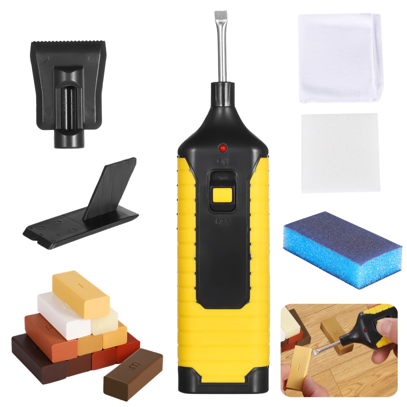 Colección de reparación de suelos de madera, aplicador de cera termofusible con 11 paquetes de colores de cera, herramientas de reparación para madera dura, laminado, superficies compuestas, fijación