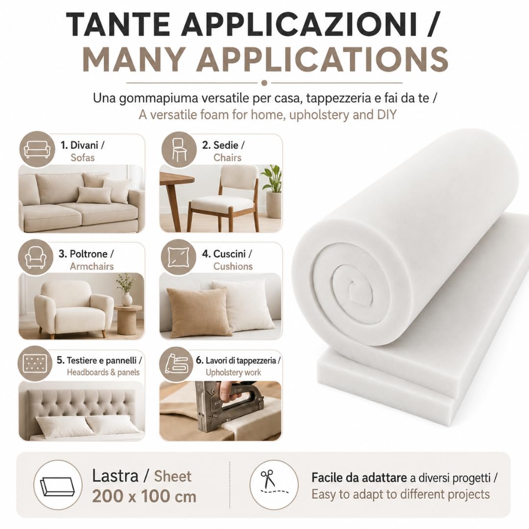 TENDEEVOLUTION Gommapiuma Densità 18, 25, 30 per Divano, foglio 200x100, Lastra Poliuretano espanso Imbottitura Spugna, Spessore Personalizzabile da 1 a 10 cm