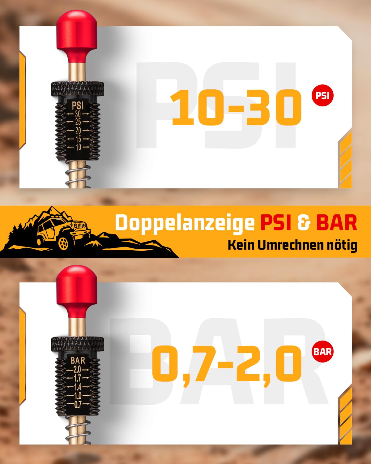LINKNAL 4 Stück Reifendruck-Ablassventile, Auto-Stop-Reifenablassventil-Set (10–30 psi / 0,7–2 bar) für Offroad 4x4, Jeep, LKW, SUV – mit Aufbewahrungstasche und 5 Ventilkappen, Rot