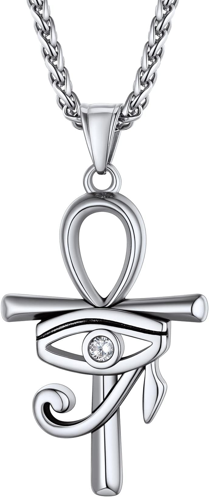 Vintage Eye of Horus Ankh Cross Pendant Necklace for Women Men, Solid Stainless Steel Lucky Amulet Chain Necklace Ancient Egyptian of Protection Jewelry