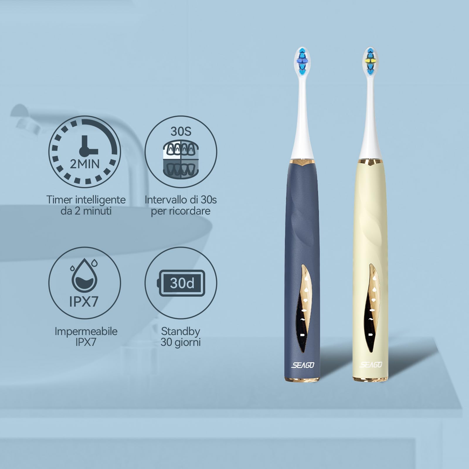 Seago spazzolino elettrico con sensore di pressione con porta spazzolino elettrico, 8 Testine, 40000 VPM, 5 Modalità, Timer da 2 Min, IPX7, Per Adatto alle persone sensibili, Adulti, Bianco (Blu)