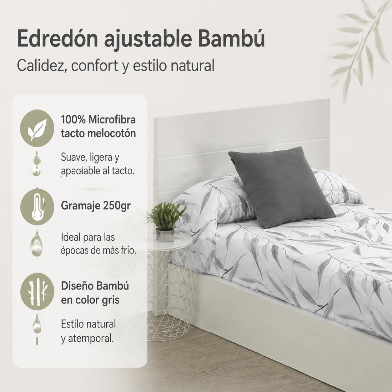 Lanovenanube Edredón Ajustable Bambu Gris Cama 120, 100% Microfibra 250g | Tacto melocotón y ajuste al colchón. Largo válido 190/200 cm. Estampado bambú, fabricado en España