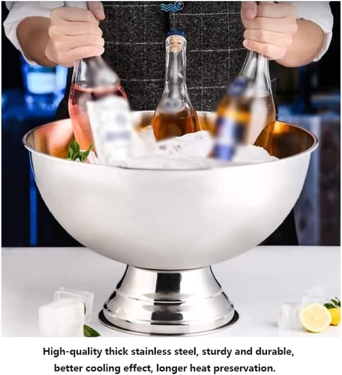Cubitera Champanera Cubo De Hielo De Acero Inoxidable, Cubo Enfriador Portátil, Cubo para Champán, Cubo Enfriador Cubiteras para Botellas(Color:Blue,Silver)