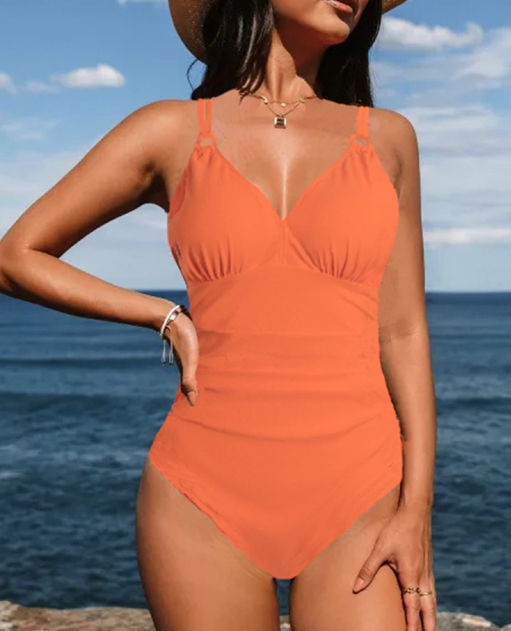 Bañadores Mujer Una Pieza Traje de Baño Tirantes Control la Barriga Escote en V Bikini Profundo Fruncido Monokini