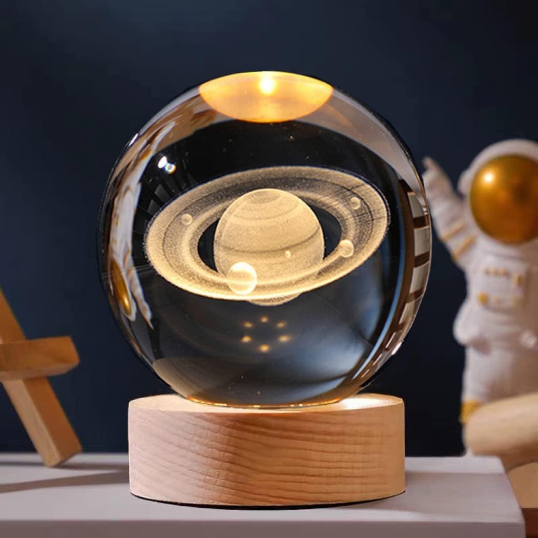 Goodern Crystal Glass Ball Night Light,3D Solar System Nightlight Wooden LED Display Base Stand Home Decor Ornaments Birthday Gifts Decorations Lamp Funny Night Lights Table Lamp Warm Light for Kids-B
