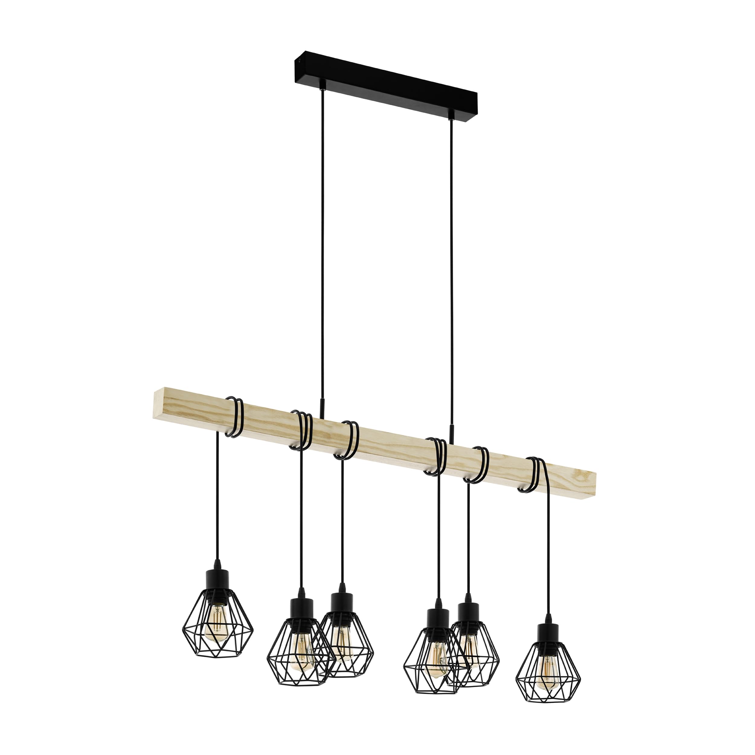 Eglo Light/Black Townshend 5 Six Lamp Wooden Bar Pendant With Wire Cage Shades