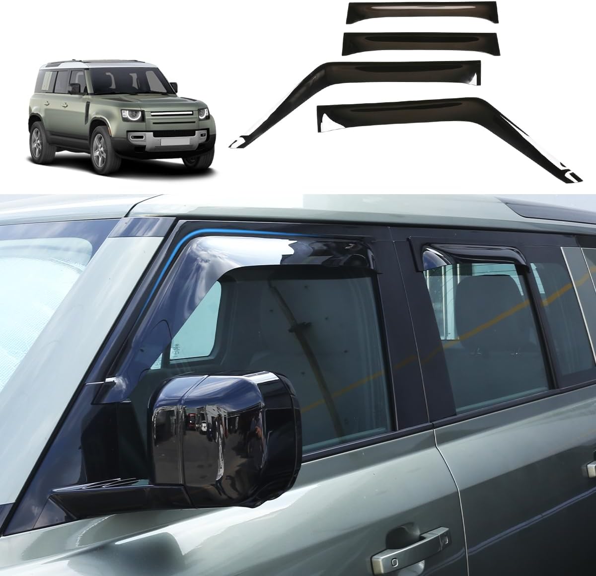 Car Door Window Visor Wind Rain Sun Smoke Guard Deflector Vent Shade Raincoat for Land Rover Defender 90 110 2020-2022 Side Window Deflector Accessories (for Defender 110 (4pcs))