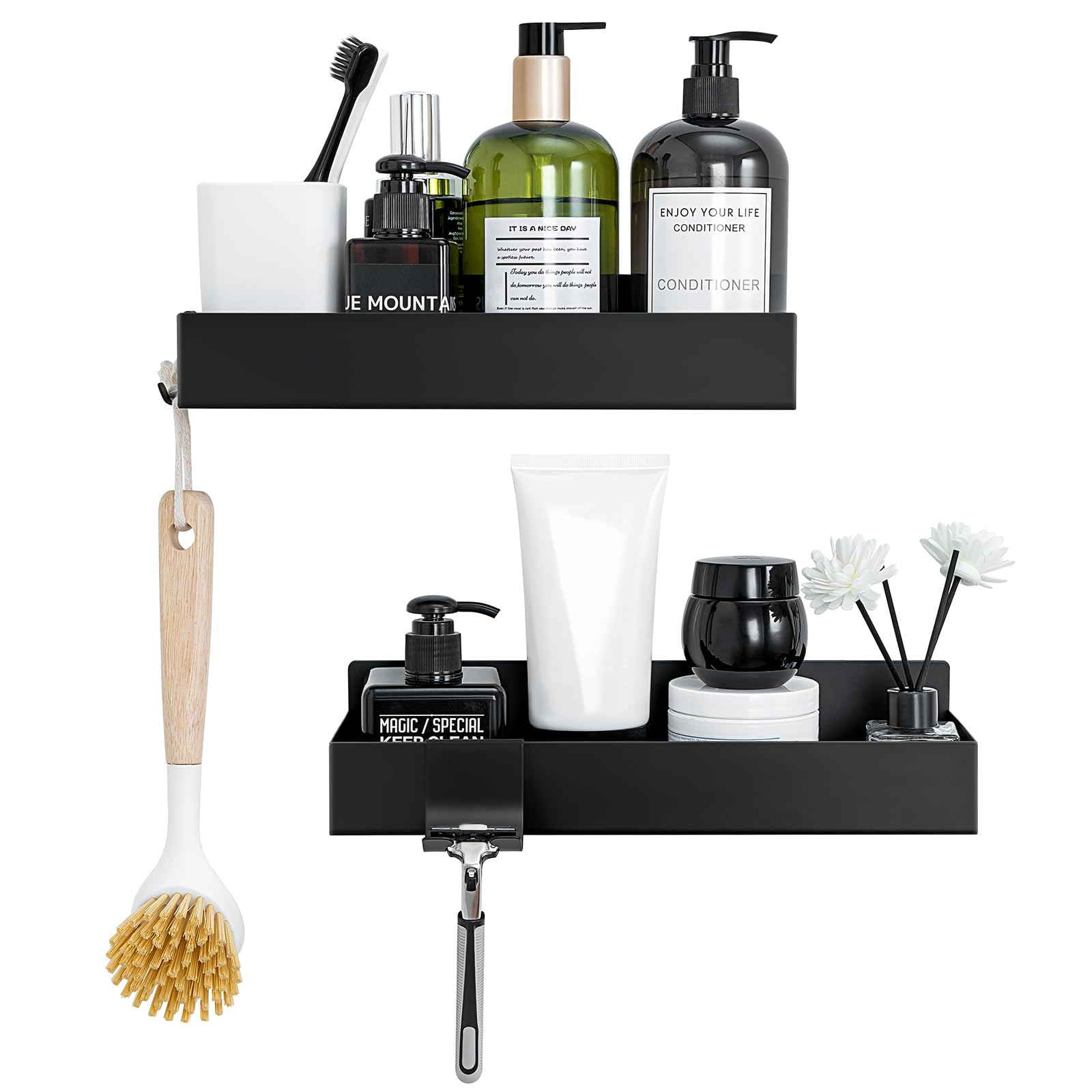 AuraLum Estanteria Baño,Estantería Ducha sin Taladro,2 Piezas Bathroom Organizer,Organizador de Baño Inoxidable,Negro