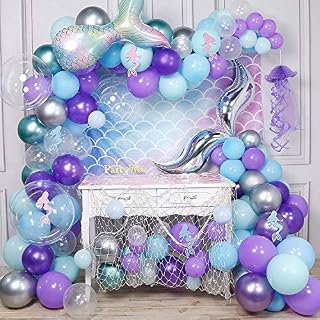 PartyWoo Balony syrenki, 180 sztuk, kolor niebieski, balony liliowe, srebrne balony metaliczne, przezroczyste balony foliowe dla syrenki, na imprezę w kształcie syrenki, urodziny