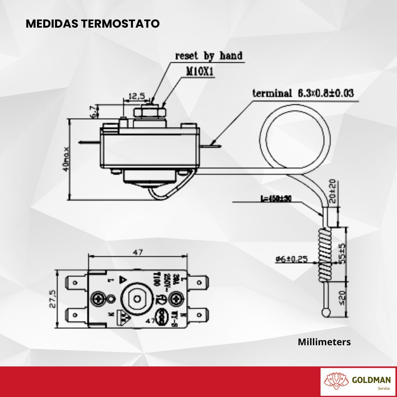 GOLDMAN SERVICE | Termostato de Seguridad para Termo Calentador de Agua Eléctrico Activación Automática a 93ºC | Bulbo Sonda 500mm | Fácil Rearme Manual