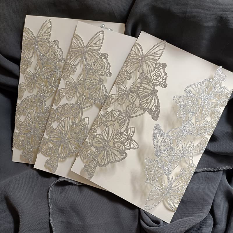 50 set di 15 inviti per matrimonio romantici con farfalla viola, tagliati al laser, pieghevoli, con nastro di carta interno vuoto e busta, 15 inviti (argento, set vuoto intero)