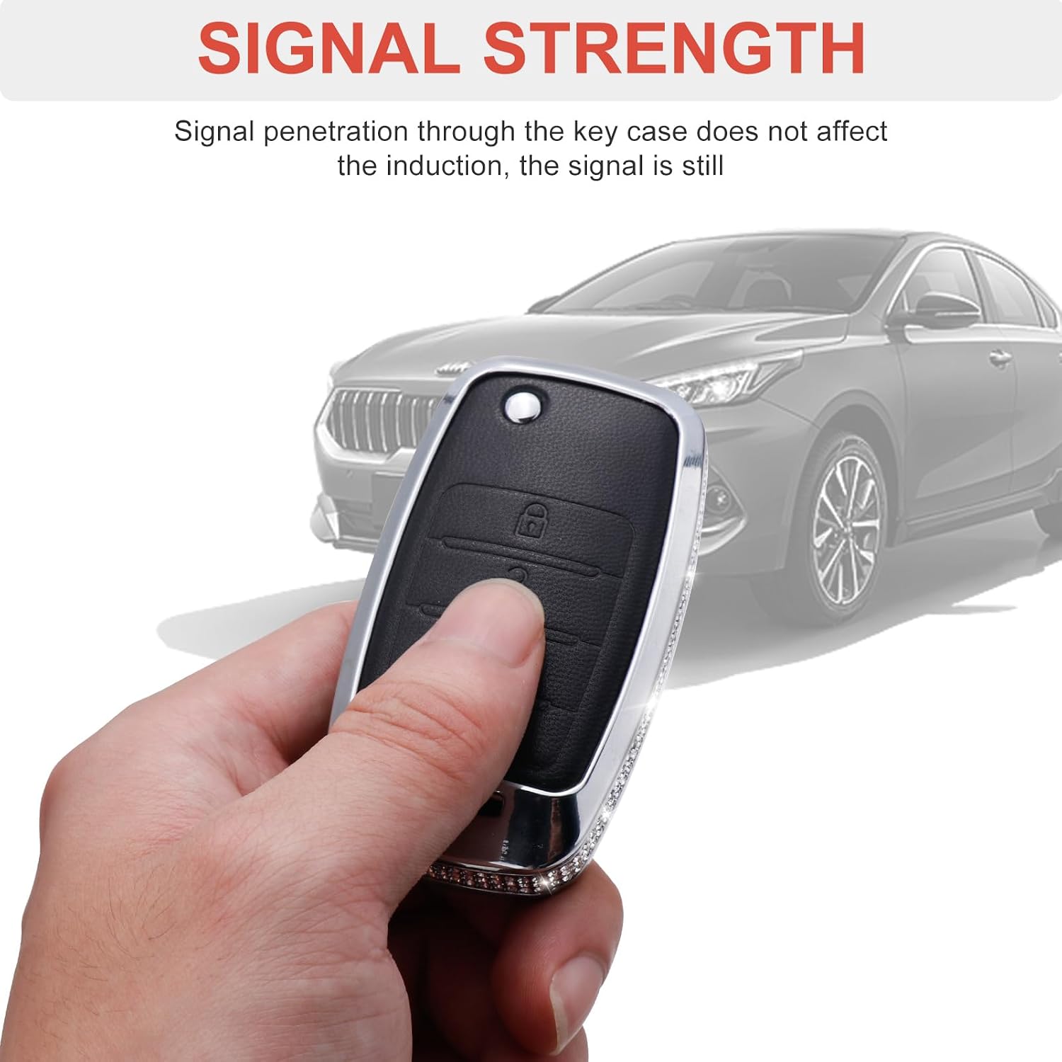 Compatible with Kia Key Fob Cover with Keychain Genuine Leather Crystal Key Protector