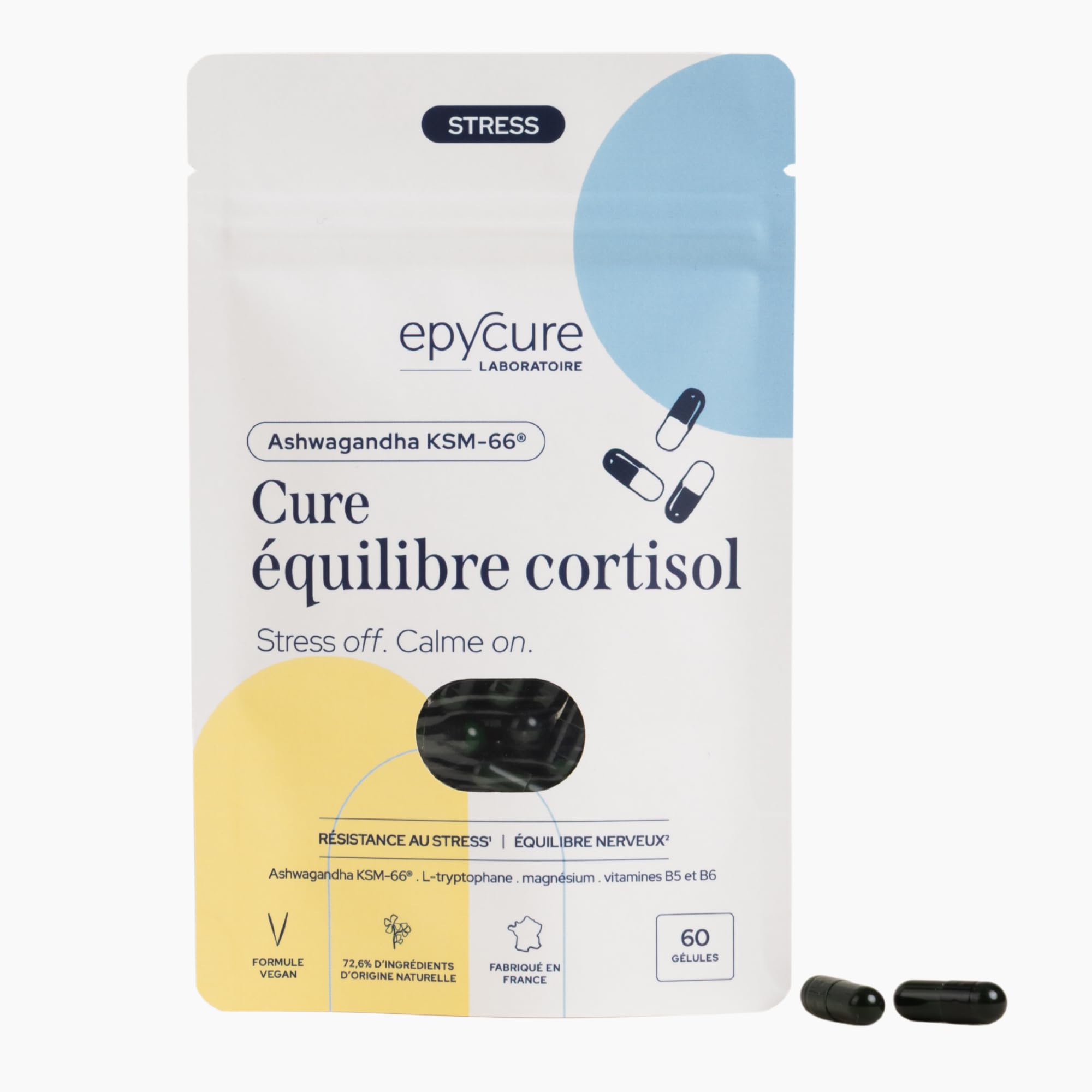 EPYCURE - Cure Équilibre Cortisol - 100% Naturel - Réduit Cortisol, Soulage Stress & Fatigue Nerveuse - Ashwagandha, Magnésium Bisglycinate, L-Tryptophane, Vitamines B - 1 Mois