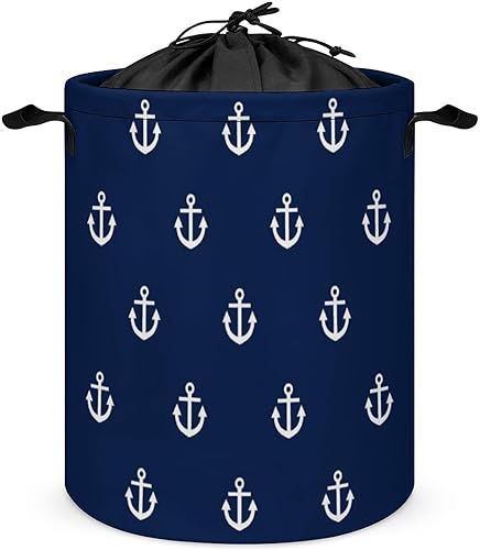 Cesta de lavandería grande, patrón de ancla blanca en azul marino, náutico, impermeable, plegable, para ropa sucia, para dormitorio universitario,