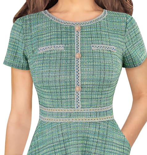 Image of VFSHOW Womens Buttons Pockets Office Business A-Line Dresses Short Sleeve Work Crew Neck Tweed Trim Fit and Flare Swing Dress