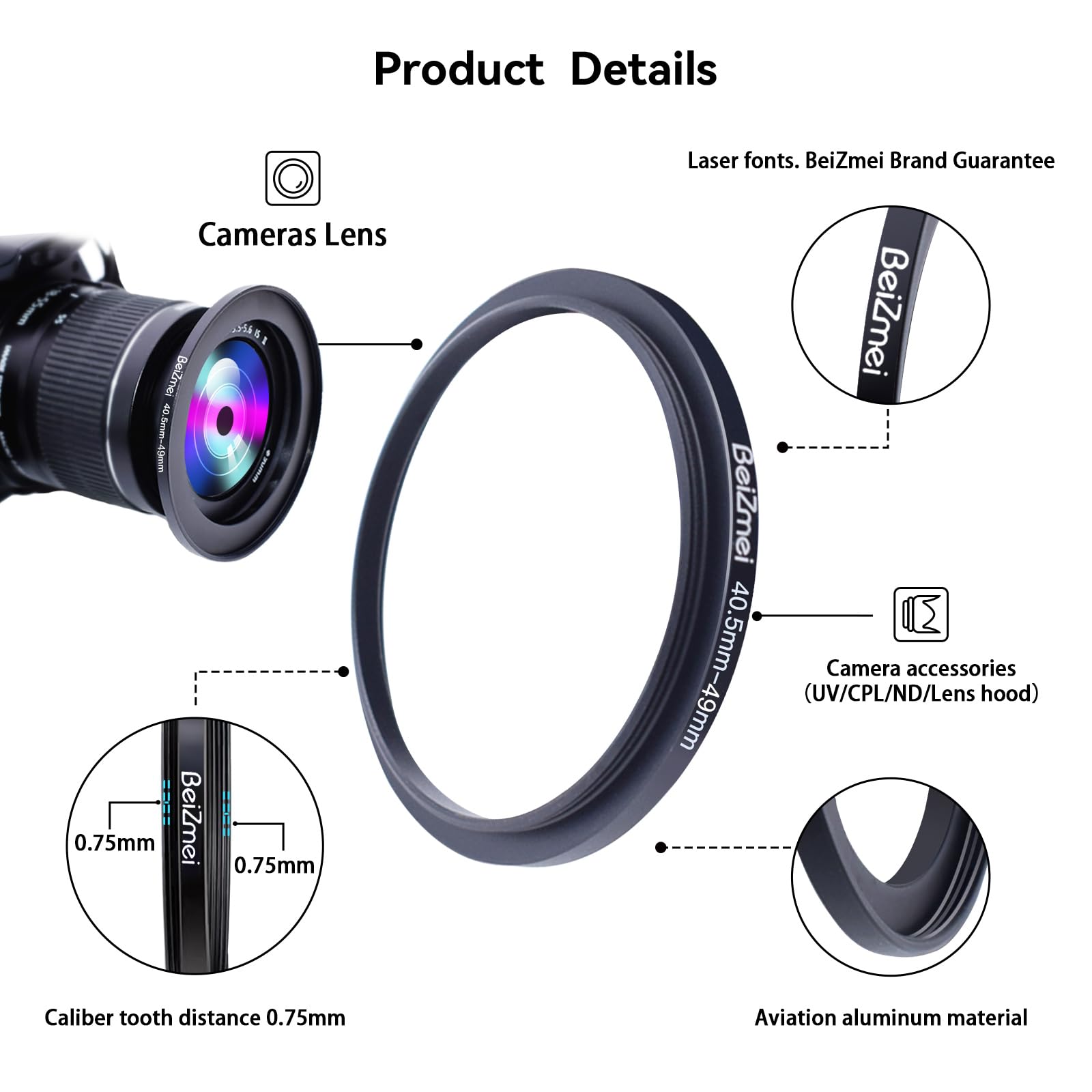 Filtre adaptateur 40,5 mm à 49 mm pour objectif photo UV ND CPL