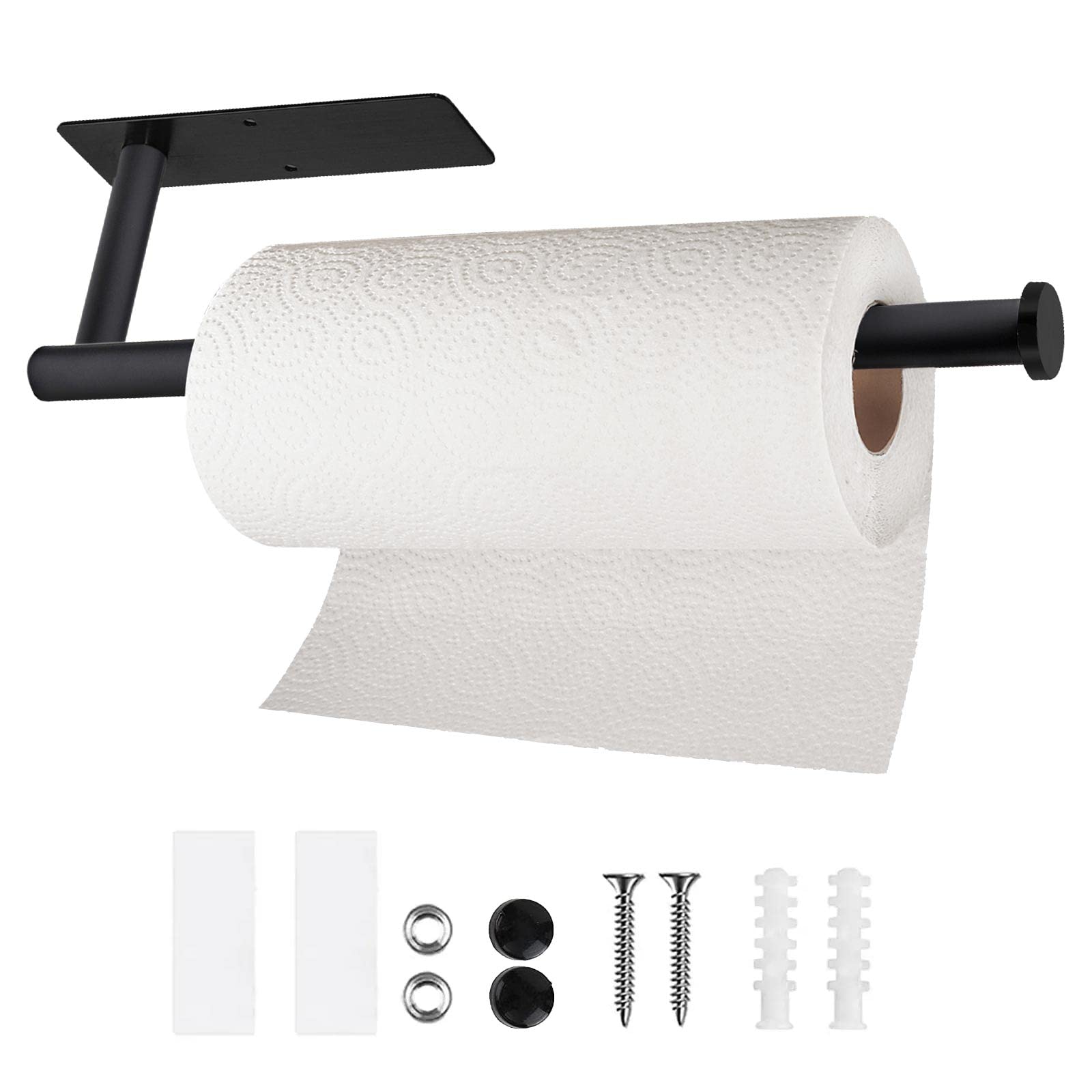 Paper Towel Holders for Kitchen- Under Cabinet Paper Towel Holder Roll Back for Bathroom Towel, Wall Mounted Black Paper Towel Rack 304 Stainless Steel, Adhesive or Drilling Mounting