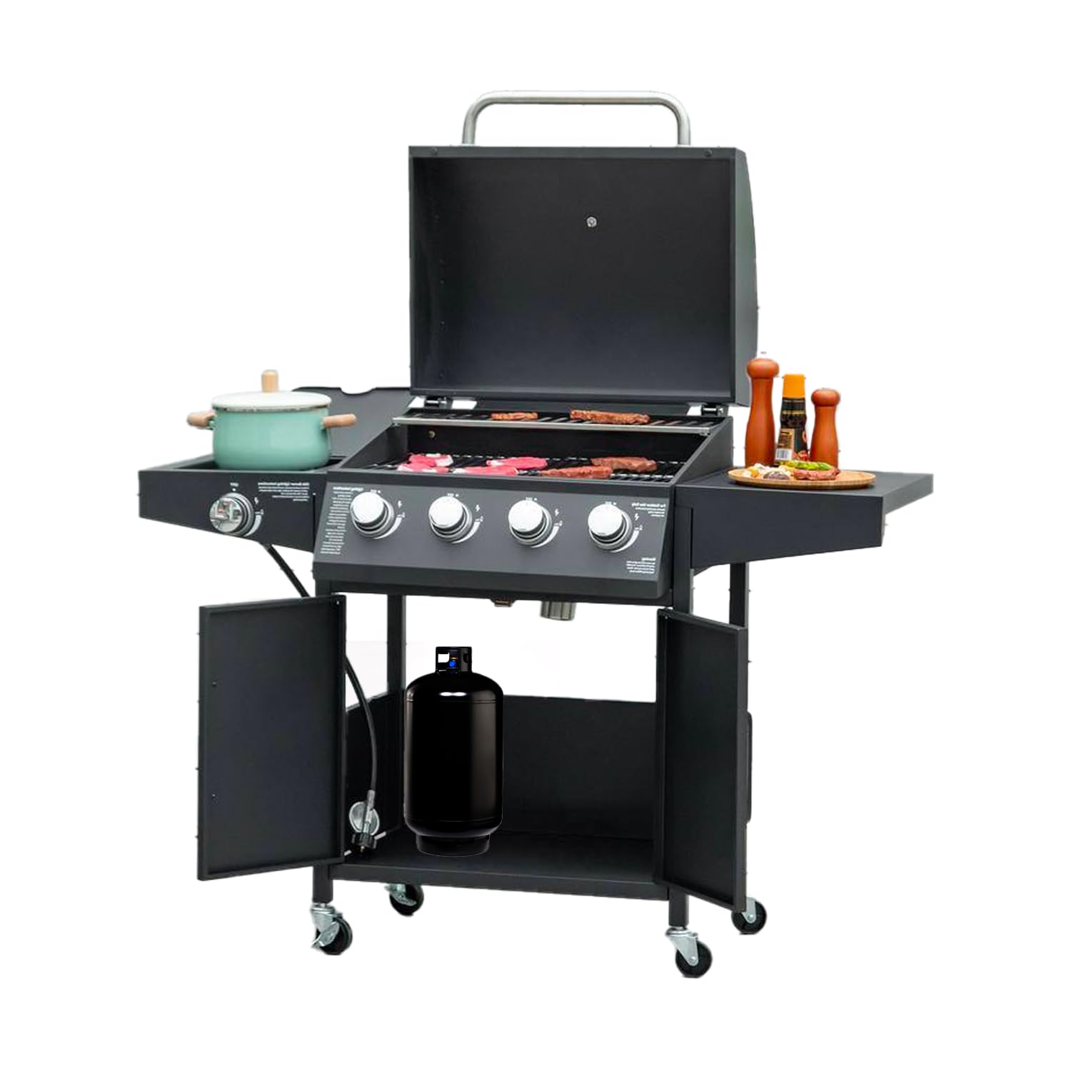 Avilia BBQ Gas 4 Bruciatori, Fornello Laterale, Doppia Griglia, Termometro Integrato e 4 ruote, in Acciaio Lucido Ideale per Giardini e Terrazzi, 136x53x105.5cm, Nero