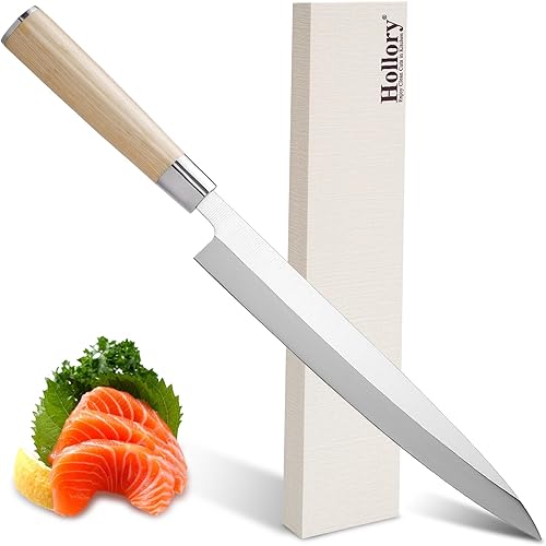 Hollory Sashimi - Cuchillo de sushi japonés de 9.5 pulgadas, cuchillo de corte Yanagiba japonés, súper afilado, profesional, de acero inoxidable de