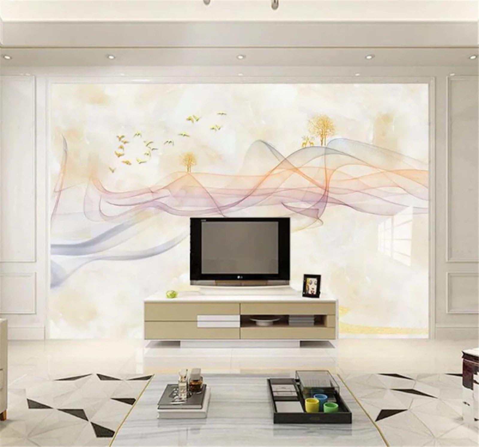 Tzxztt Luxury Lines Smoke Reindeer Marble Effect Modern 3D Wallpaper Premium Textured Silk Neutral Tones Material Ideal for Living Room Bedroom-430cm×300cm