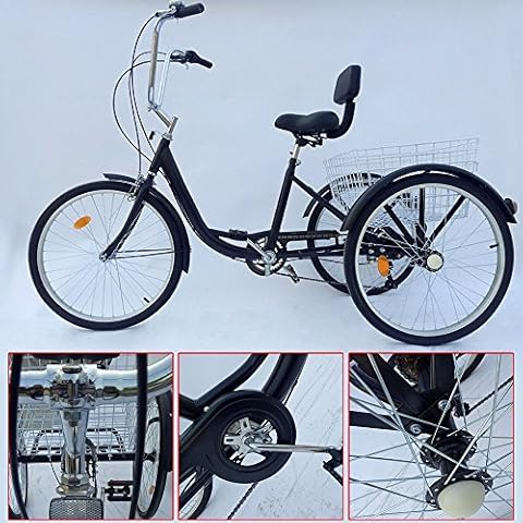 SENDERPICK 24" 6 Speed Adult 3 Wheel Tricycle, Adult Bicycle Cycling Pedal Bike with White Basket for Outdoor Sports Shopping Adjustable (Black) Cover