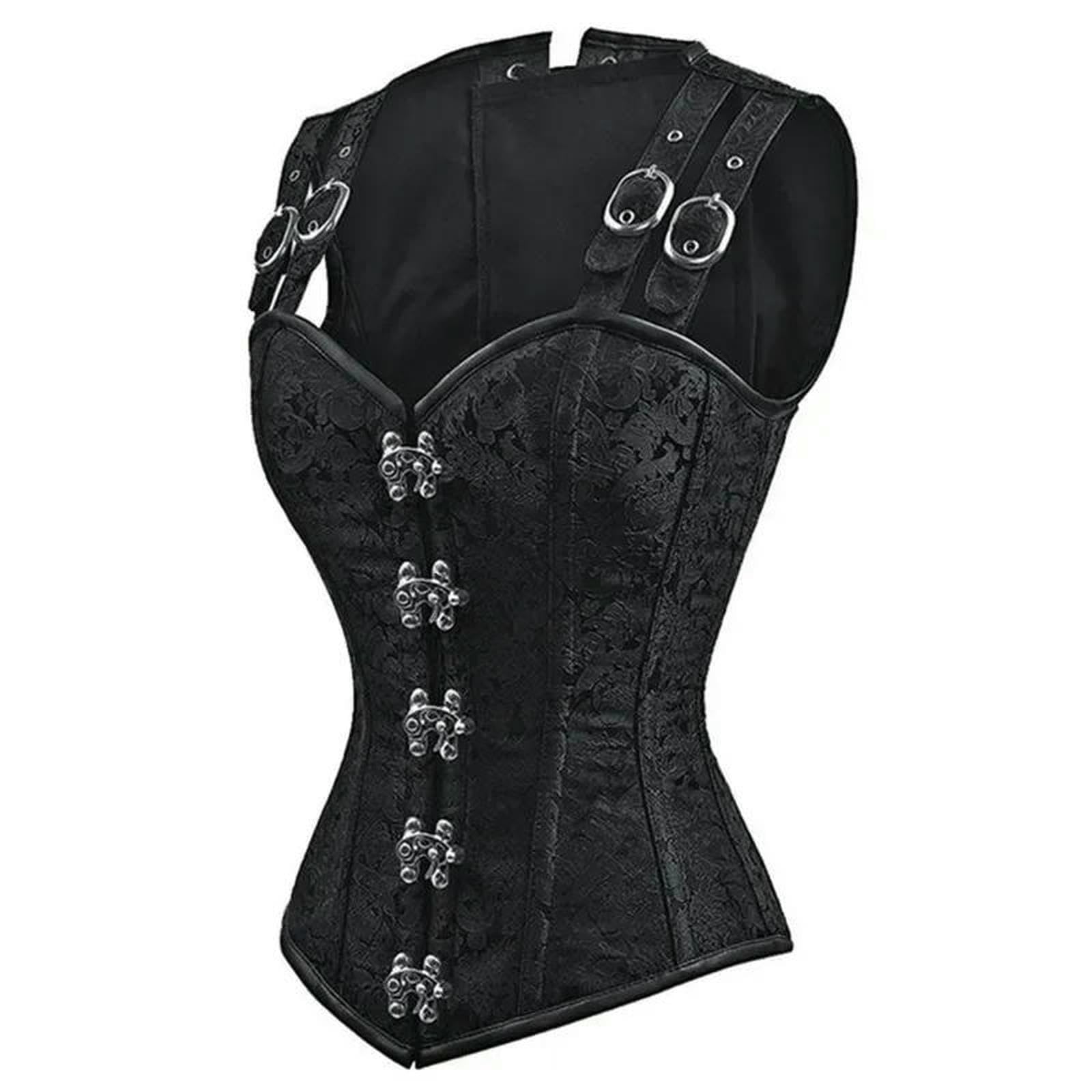 Ceinture amincissante Femme Donne Corsetto con Spalle Overbust Bustier Plus Size Jacquard Gotico Top Steampunk Gilet-Black-XL