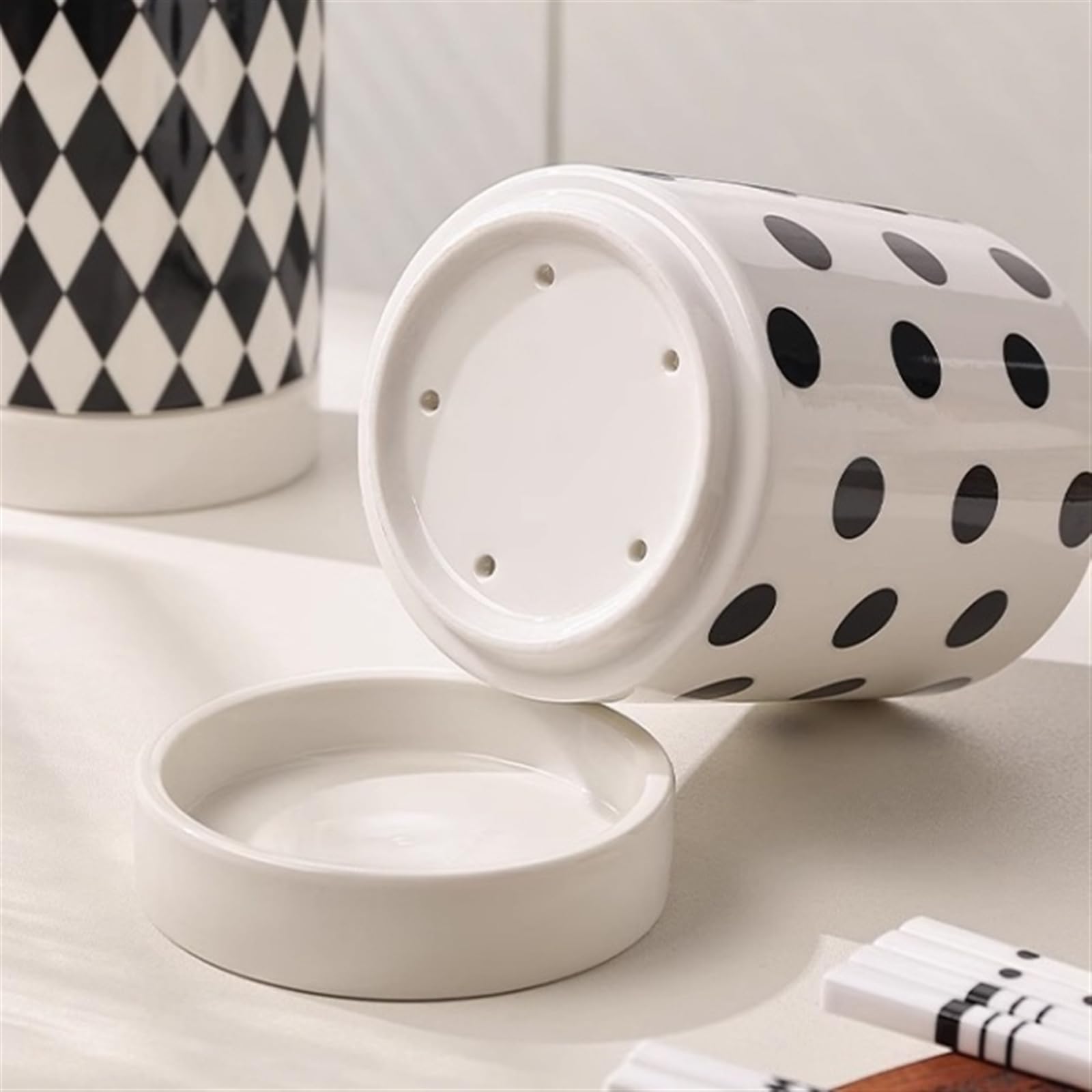 Ceramic Chopstick Holder With Drainage - Diamond Pattern Utensil Crock, Large Capacity Kitchen Organizer - View #5