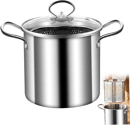 Miniatura 4 de Olla para freír con cesta, olla de 3.5 litros de acero inoxidable pequeña freidora profunda con mango antiquemaduras olla de pescado y cesta