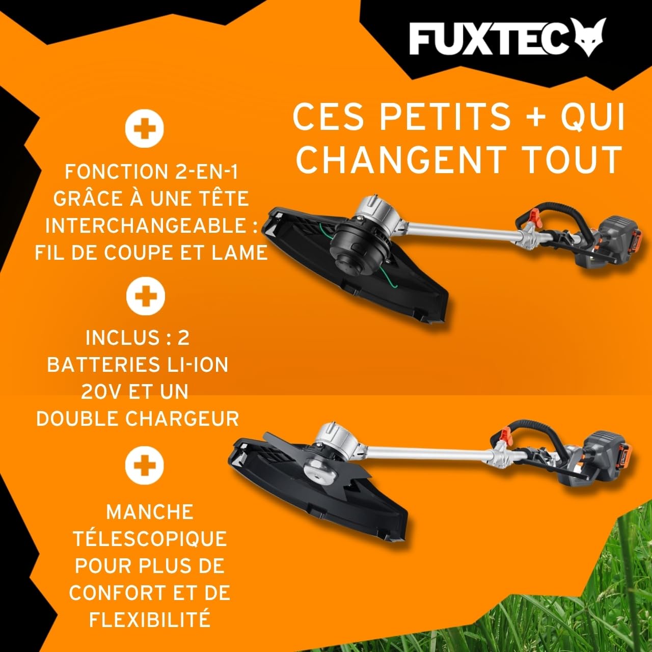 FUXTEC Débroussailleuse Batterie 2x20V FX-E2MSSET - avec Batteries Et Double Chargeur - Largeur De Coupe 25,5-35cm, Lame Et Fil, 10Kg, Jusqu'à 6000 TR/Min