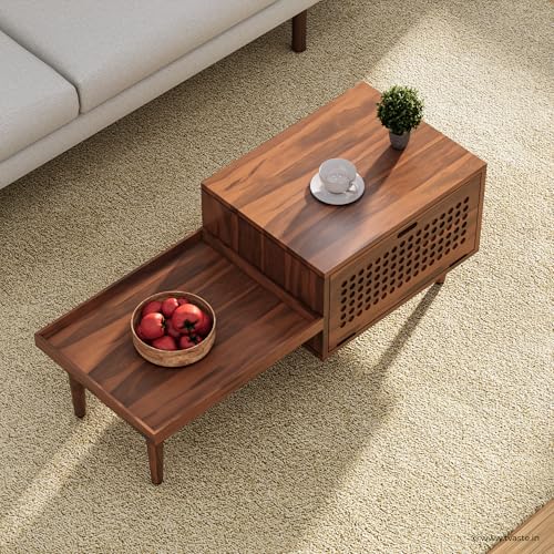 Image of KOVA Solid Sheesham Wood Coffee Table & Centre Table for Living Room with Lift-Down Shutter Storage and Open Side Tray (Dotted, Honey Finish)