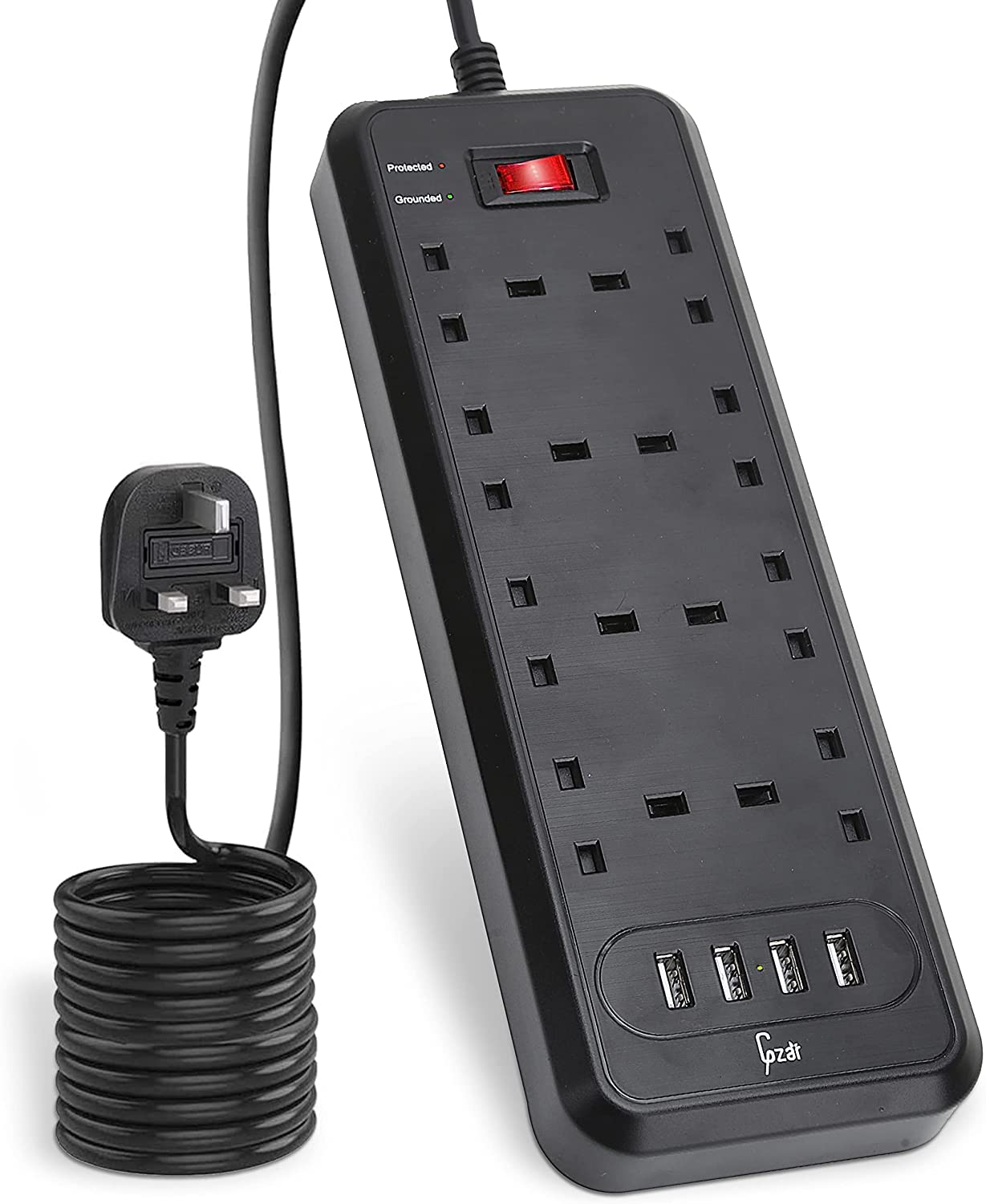 Gzar Premium 8-Way Surge-Protected Extension Lead with 4 USB Ports - Black Multi-Plug Power Strip, 2M Extension Cable, 2500W/10A UK Power Socket Extension Cord for Home & Office Use