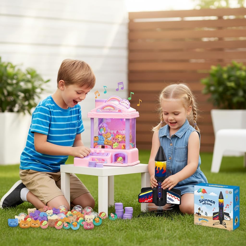 Mini Claw Machine for Kids + Rocket Launcher Model Kit, Pink Arcade Game & Outdoor STEM Rocket Toy Bundle for Kids Ages 8–12