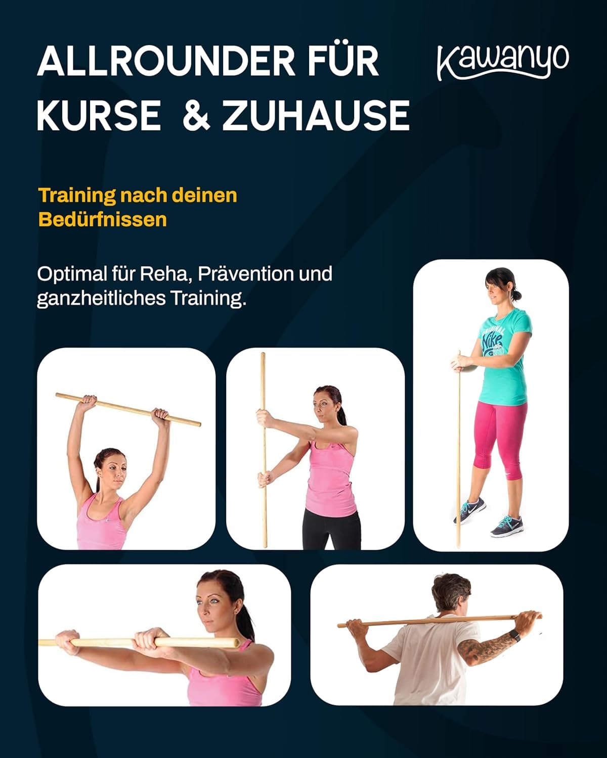 Holz Gymnastikstab 100 cm zur Motorikförderung, Muskelstärkung & zum Gleichgewichtstraining – Turnstab für Gymnastik, Therapie & Sport – Holzrundstab Trainingsstab