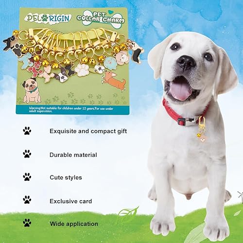 Miniatura 5 de DELORIGIN 12 colgantes de collar de mascotas para perro y gato, esmalte de hueso de pata de perro, campanas pequeñas con cierres giratorios,