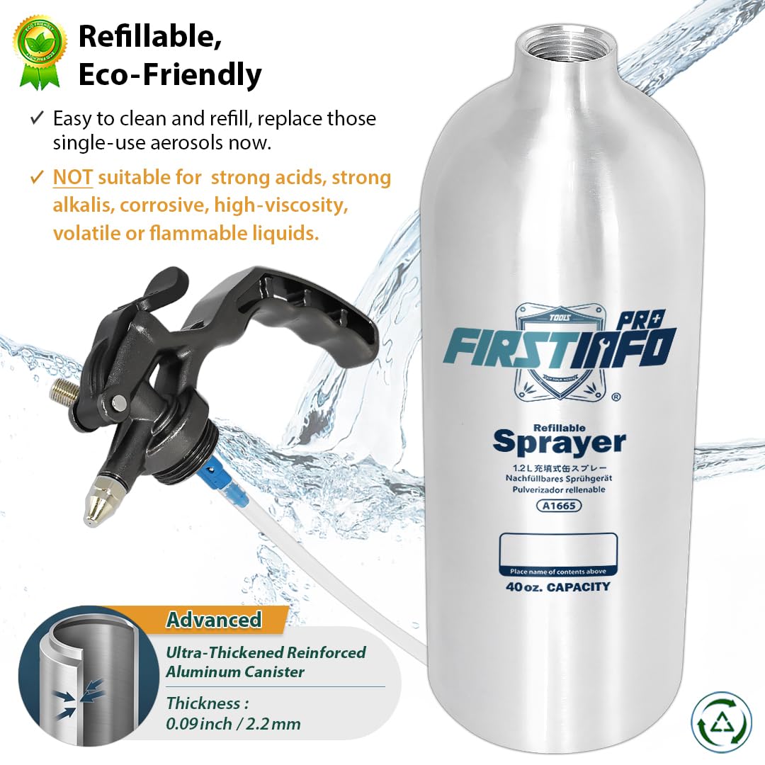 FIRSTINFO Kit de Vaporisateur Rechargeable pour Nettoyant Freins, Réservoir en Aluminium Non Aérosol 1,2 L pour Solvants et Dégraissants, Conception sous Pression avec Kit Multi-Buses, A1665K