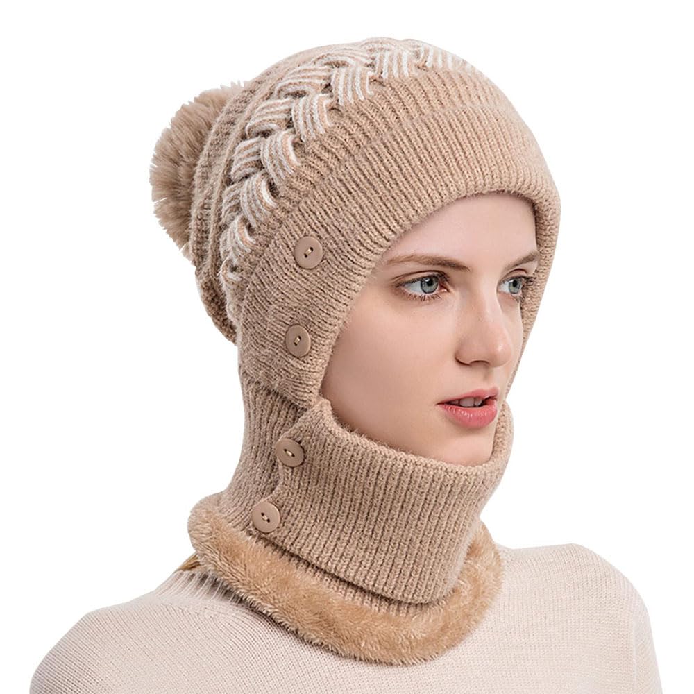 GoodernWinter Beanie Hat Scarf Set,2 in 1 Autumn Knitted Hats Warm Scarf with Pompom Decoration Unisex One-Piece Warm Hooded Scarf Winter Windproof Button Earmuffs Cap for Outdoor Travel Ski